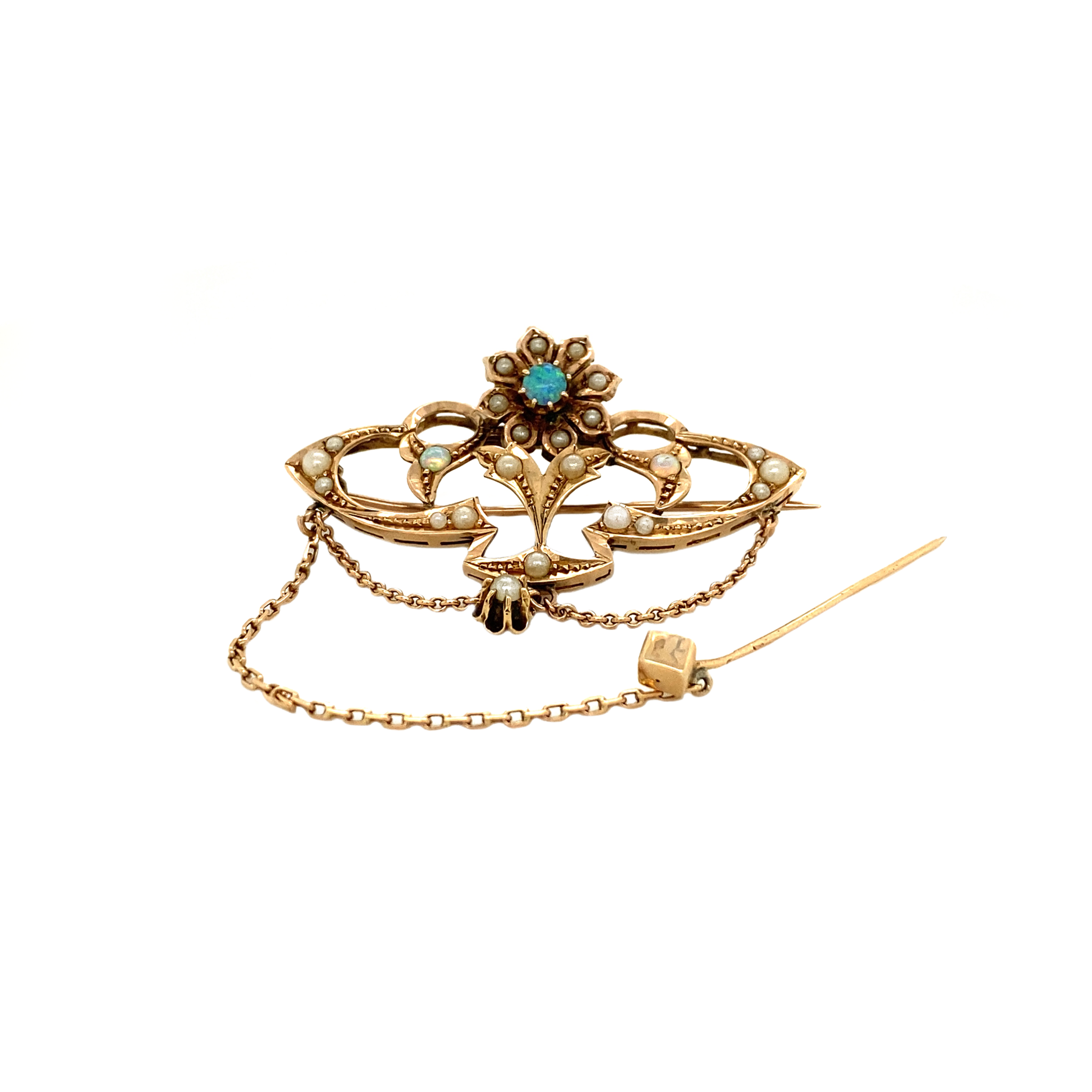 Vintage 14K Rose Gold Brooch with Pearl and Opal